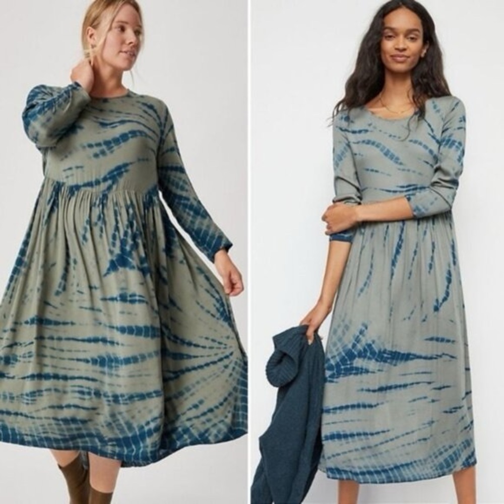 Anthropologie Olive Green and Navy Tie-Dye Maxi Dress